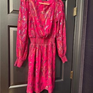 Lilly Pulitzer Hot Pink Long-Sleeve Smocked-Waist Dress with Metallic Accents